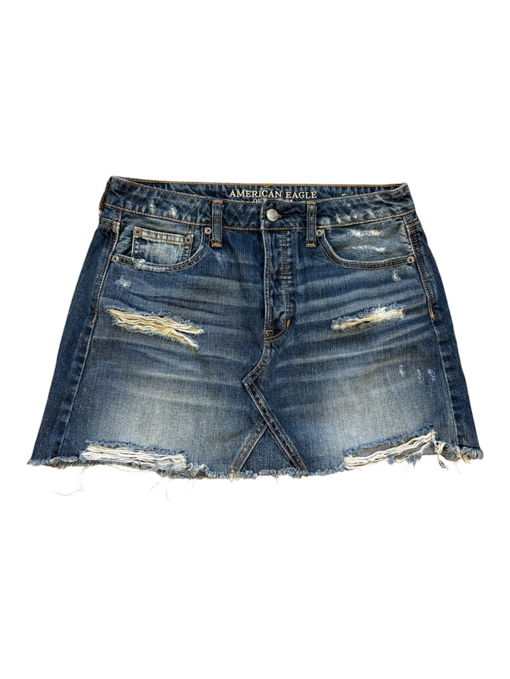 American Eagle Denim Distressed Micro Mini Jean Button Fly Skirt Size 8